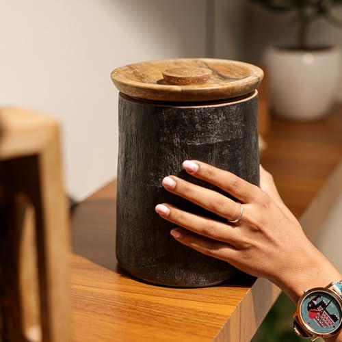 Image of Prakriti Acacia Wood Canister for Kitchen Organization | Tea Coffee Sugar Storage Jar | Natural Wooden Canister | 13.97 x 17.78 cm