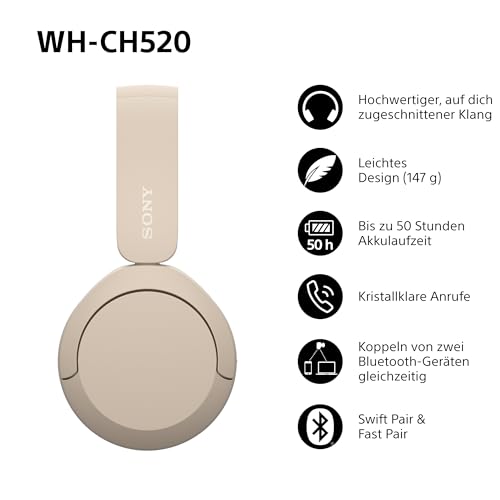 Sony WH-CH520 Kabelloser Bluetooth On-Ear-Kopfhörer, hohe Klangqualität, leichtes Design, bis zu 50 Stunden Akkulaufzeit, Schnellladung, EQ, klare Gesprächsqualität, iOS & Android - Beige – Bild 3