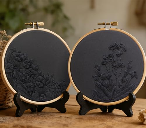 Image of Armindou Black Flowers Embroidery Kits for Beginners Adults, Floral Hand Embroidery Set Needlepoint DIY Kit, Stamped Cross Stitch Kits for Beginners Adult, 2 Embroidery Hoops (Attached Video Tutorial)