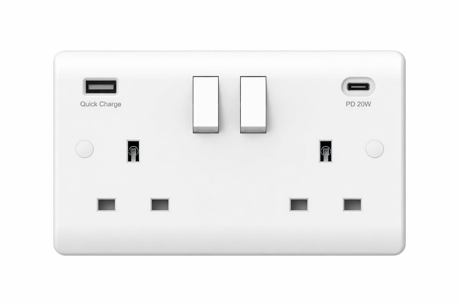 2 Gang Switched Socket Double Pole with USB-A & USB-C | Round Edge White Plug Socket | Dual USB Charging Wall Outlet for Home, Office & Kitchen Use