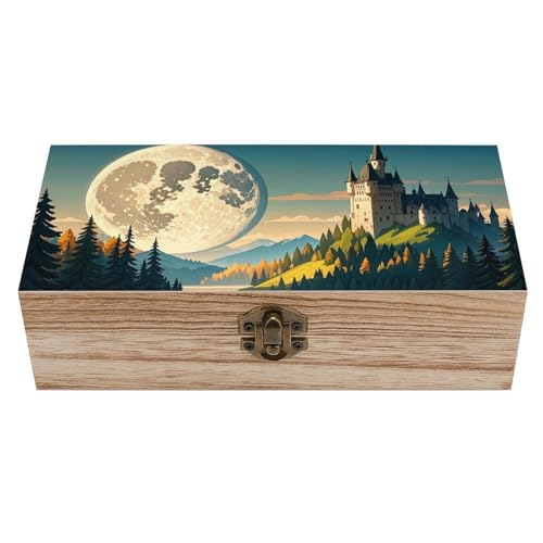 JTKLQBN Caja de almacenamiento grande de madera con tapa y cierre frontal Riverside Lakes And The Moon - Organizador de escritorio de oficina, bonita caja de recuerdos, cajas de recuerdos, cajas de