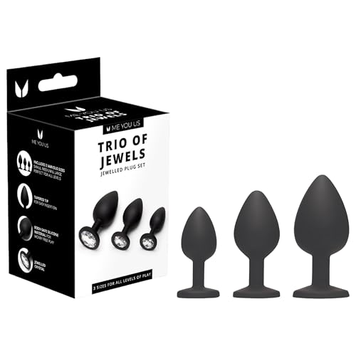 Me You Us Trio of Jewels Kit de formation de plug anal en silicone – Plug anal noir avec 3 tailles – Entraînement anal débutant à avancé – Bouchons en silicone coniques avec bases de bijoux