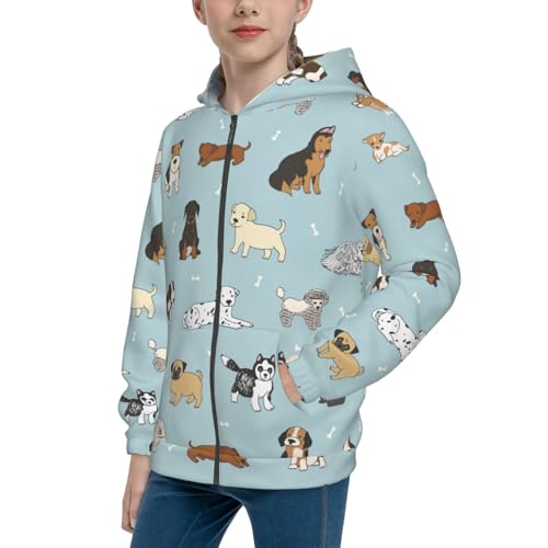 Cartoon Doodle Puppy Kids Pullover Hoodies Boys Zip Up Sweatshirts Girls Athletic Clothes with Pocket