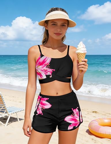 Image of Girls Swimsuit 3 Piece Bathing Suit Criss Cross Bikini Set Girls' Swimwear with Shorts 7-16T