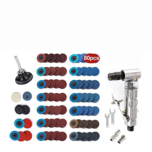 Martillo de aire Mini amoladora de ángulo de aire portátil 1/4, pulidora neumática de 90 grados, máquina de grabado con discos de lijado, Kit de herramientas(With 80pcs)