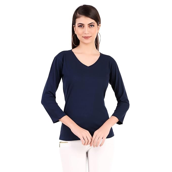 Image of Women's 3 /4 Sleeves Regular Fit V-Neck Cotton T-Shirt