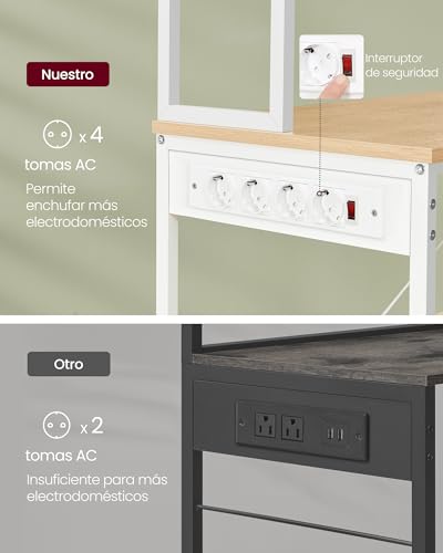 VASAGLE Estantería de Cocina con Enchufes, Estantería de Pie para Cocina, Estantería para Microondas, 6 Estantes y 6 Ganchos, Marco de Acero, 40 x 80 x 167 cm, Roble Dorado y Blanco Nube KKS119Y02 - imagen 5