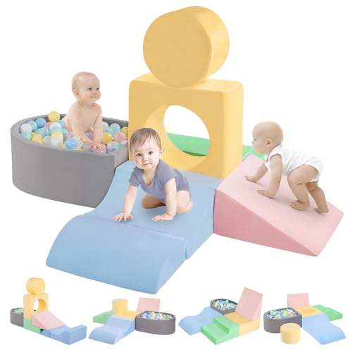 Climbing Toys for Toddlers 1-3 Inside, Baby Foam Climbing Blocks with Ball Pit for Toddlers, 6-Piece Soft Play Climbing Blocks, Indoor Climb Crawl Activity Play Set, Birthday Gift (Balls not Included)