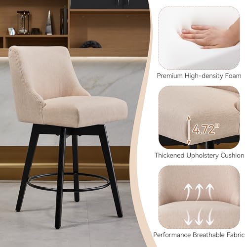 Image of Swivel Counter Height Bar Stools with Back, 26 inch H Seat Height Upholstered Fabric Counter Stools for Kitchen Island, Set of 2, Fabric in Flax Beige