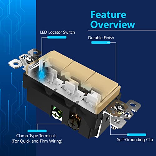 Lider Minimalist Design Matte Finish Lighted Triple Switch With Screwless Wall Plate, Combination Frameless Decorator Switch With Locator Light, Ground Terminal, Single Pole, 15A 120V, Ul Listed, Gold #TOP2