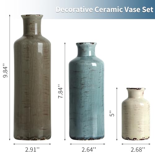 CUCUMI Ceramic Flower Vases Set of 3, Rustic Coastal Home Decor for Farmhouse Shelves, Ocean Beach Style, Mantle, Fireplace, Coffee Table, Shelf for Living Room - Image 2