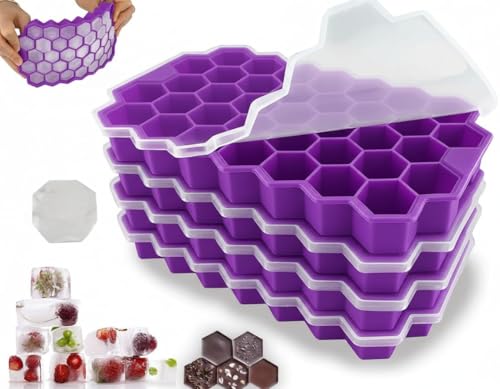 Image of AIG Silicone Ice Cube Trays with Lids - 4 Pack Easy-Release Hexagon Ice Maker for Freezer, Reusable Food-Grade Ice Molds for Cocktail Bar, Whiskey, Iced Coffee & Home Kitchen (Purple)