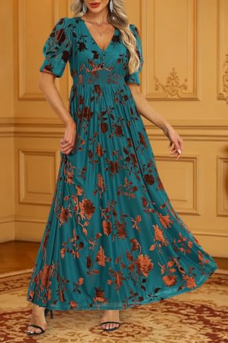 Image of Pinup Fashion Velvet Wedding Guest Dress - Fall Formal Holiday V Neck Empire Waist Long Dresses