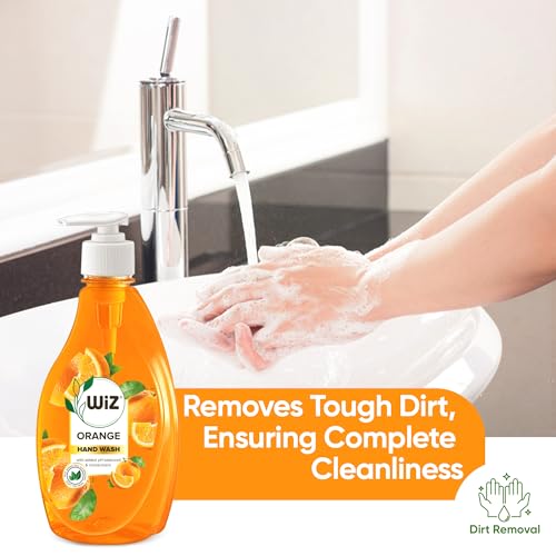 Image of Wiz Orange Handwash Liquid Soap Dispenser Bottle - 450ml (Pack of 4)| Germ Protection | Hand Wash with Added pH-Balanced & Moisturizers for Soft & Gentle Hands | Suitable for all Skin Types