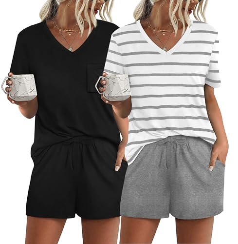 Image of RUBZOOF Women's Short Sleeve Pajama Sets with Pockets Casual V Neck 2 Piece Lounge Sets S-3XL