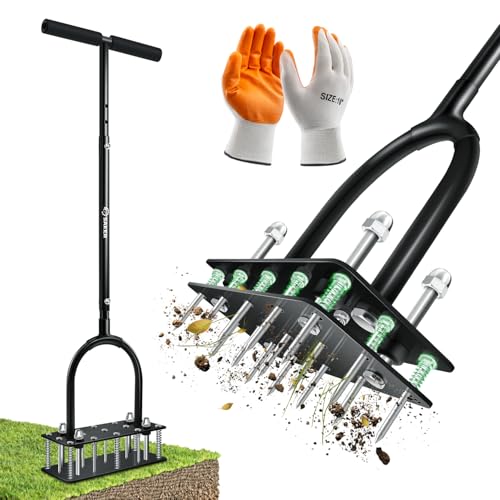 Saker Manual Lawn Aerator Tool with 15 Iron Spikes Adjustable Height, Double-Layer Spring, Heavy-Duty Iron Lawn Aerator Tool with Gloves for Loosening Soil Aerating Patio, Yard, Garden Black
