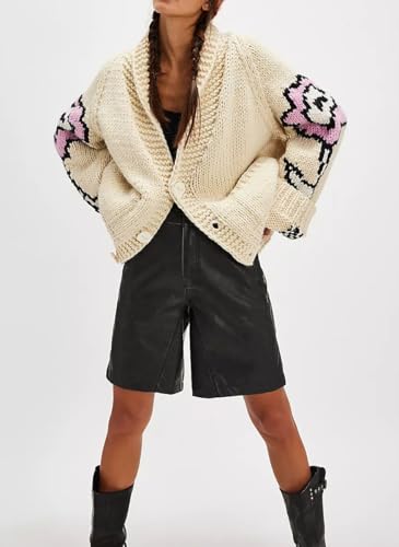 chouyatou Women's Fall Casual 2025 Floral Sweater Cardigans Oversized Button Down Chunky Knit Sweater Coatigan3