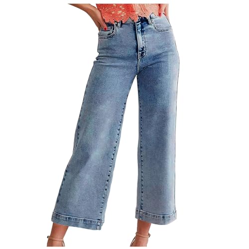 Women's Jeans Wide Leg Jeans for Trendy High Waisted Flare Jeans Cropped Denim Pants Stretchy Baggy with Patch Pockets