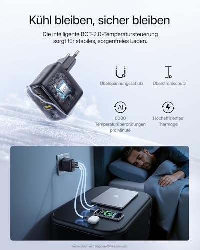 Baseus Enerfill 70W USB C Ladegerät, 3-Port GaN6 Schnellladegerät, kompaktes Netzteil für MacBook Air, iPhone 17/16/15 Pro Max, iPad Pro… – Ansicht 5