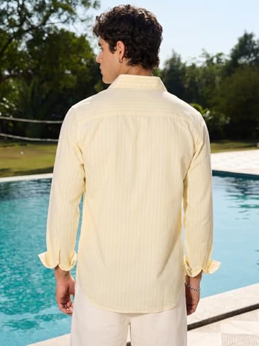 Image of The Souled Store: Amber Men and Boys Long Sleeve Spread Collar Light Yellow Striped Lightweight Easy to Style Everyday Office Wear Cotton Regular Casual Cotton Shirt