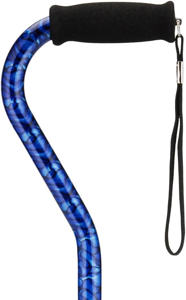 nova designer walking cane with offset handle, lightweight adjustable walking stick with carrying strap, “blue waves” design