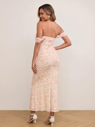 Image of KUTUMAI Off The Shoulder Maxi Long Dress Corset Ruched Bodycon Cocktail Formal Wedding Guest Dresses for Women