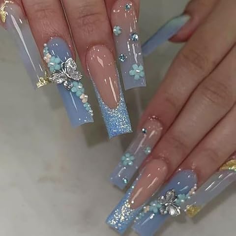 Blue Butterfly Long Square False Nails Cover