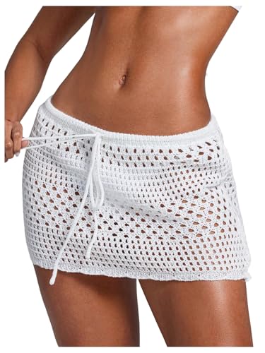 Women's Crochet Hollow Out Beach Skirts Knit Drawstring Front Sheer Mesh Swimsuit Coverups