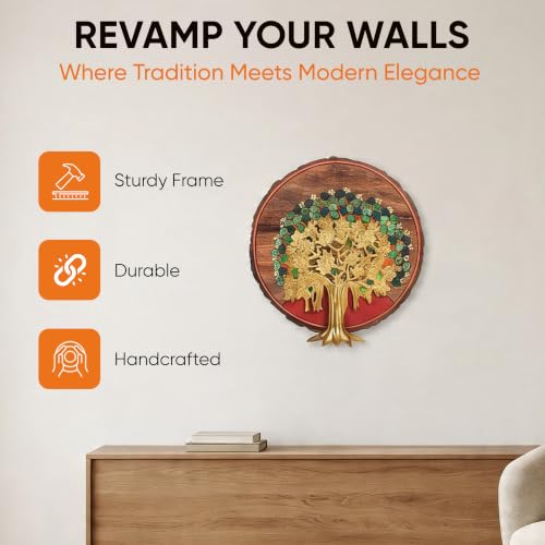 Image of AAKRITI ART CREATIONS Bodhi Tree Wall Art, Handcrafted Wooden Tree of Enlightenment Decor, Dhokra Art Set of 1 Multi Color | Matte Finish Mango Wood | Home Items for Living Room, Bedroom, Office
