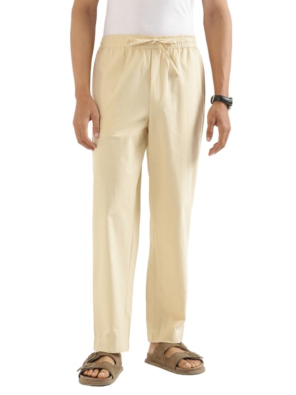 Image of SAADAA Men's 100% Cotton Pants | Mid-Rise Straight Fit Casual Trousers with Elastic Waistband and 3 Pockets | Everyday Wear