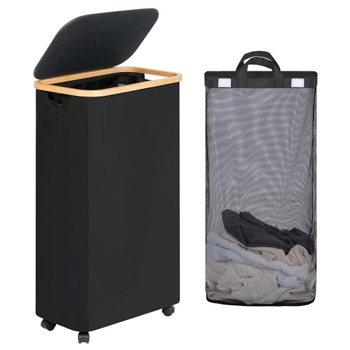 Image of efluky Slim Laundry Basket with Wheels, Narrow Rolling Laundry Hamper with Lid and Removable Bag, Aesthetic Dirty Clothes Hamper on Wheels for Laundry Room, Bedroom, Dorm and Bathroom, 75L Dark Black