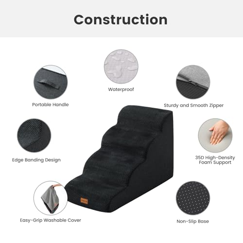 Image of Gardner Pet Dog Stairs for Small Dogs 19.7 inch H, 4-Step Black Curved Pet Stairs, Dog Steps for High Bed (18-24 in), Couch with Durable Non-Slip Waterproof Fabric Cover and CertiPUR-US Certified Foam