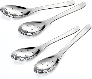 Small Slotted Spoons,4Pcs Modern Stylish Thick Heavy-Weight Short Handle Stainless Steel 10 Holes Durable Caviar Spoon for Soup Cereals Dips Curry Sauces Stews