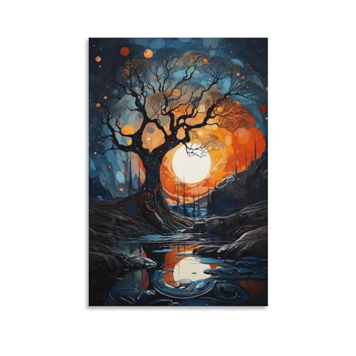 FOCCAR Canvas Wall Art Maanlicht Op Meer Wanddecoraties Voor Woonkamer Fantasie Abstract Vintage Stromende Water Hang Foto's Muur Kunstwerk