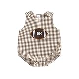 Eurvoku Newborn Baby Boy Football Outfit Rugby Embroidery Sleeveless Bubble Romper Seersucker Stripe Bodysuit Summer Clothes (Khaki, 12-18 Months)