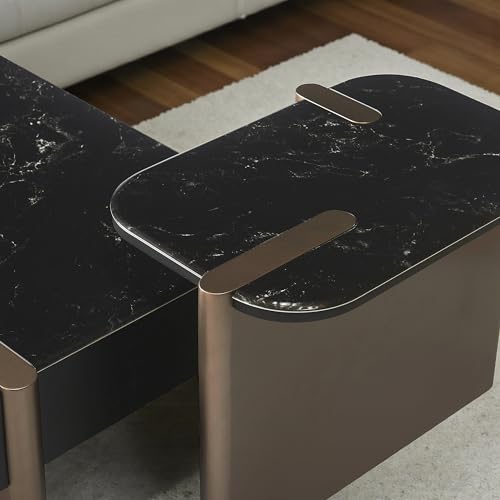 Image of The Attic Obsidian Luxe Modern Black Marble & Gold Coffee Table Set - Dual-Tier Designer Center Table with Storage for Living Room Elegance