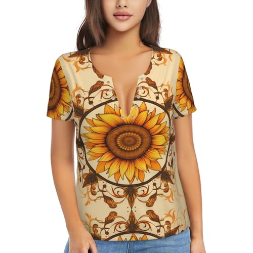 T-shirt voyage femme col en V profond léger à imprimé tournesol jaune