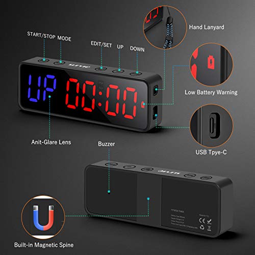 Portable Gym Workout Timer, Fitness Clock with The Rubber Case and Built-in Magnetic Spine, Large LED Digital Anti Vertigo Display, for Home Garage