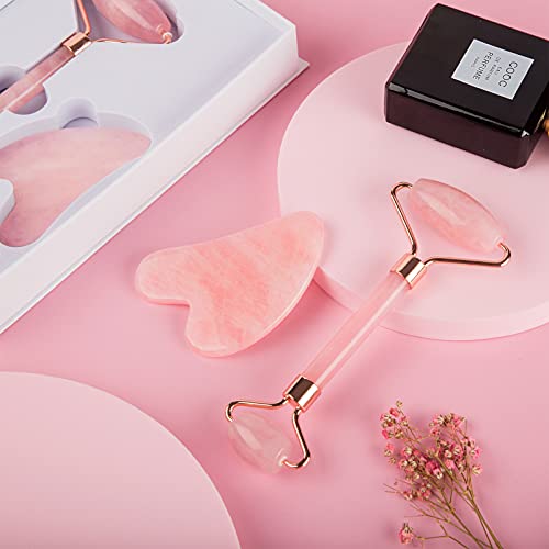 Conjunto de rolo de jade e Gua Sha, rolo de beleza facial de quartzo rosa, rolo de rosto, ferramenta
