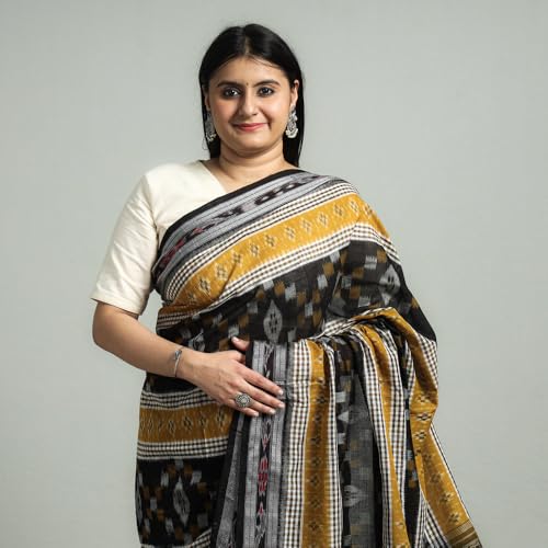 Image of Ikat Women's Pure Cotton Saree Traditional Craftsmanship Double Ikat Weaving Floral Handmade Ethnic Saree without Blouse Piece