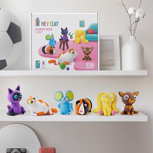 Hey Clay Fluffy Pets – Claymate Meerschweinchen – bunte Modelliermasse, lufttrocknender Ton für Kinder, lufttrocknender Ton-Set, 3 Dosen mit lustiger, interaktiver App