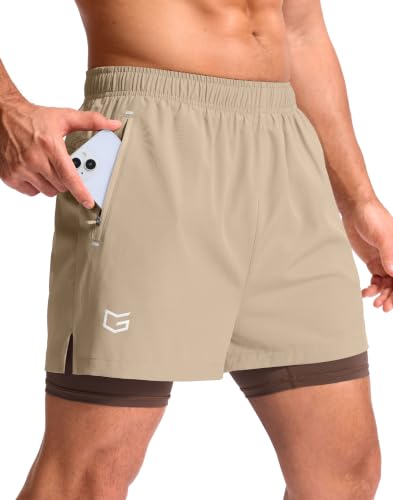 G Gradual Men's Running Gym Shorts with Compression Liner 5"(Khaki,L5_S)