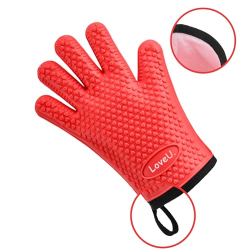 Image of Kitchen Oven Gloves - Silicone and Cotton Double-Layer Heat Resistant Oven Mitts /BBQ Gloves /Grill Gloves - Perfect for Baking and Grilling - 1 Pair (Small, Red)