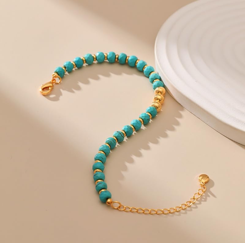 Gold Round Turquoise Beaded Bracelets18K Gold Plated Handmade Cute Bracelet for Women - Image 3