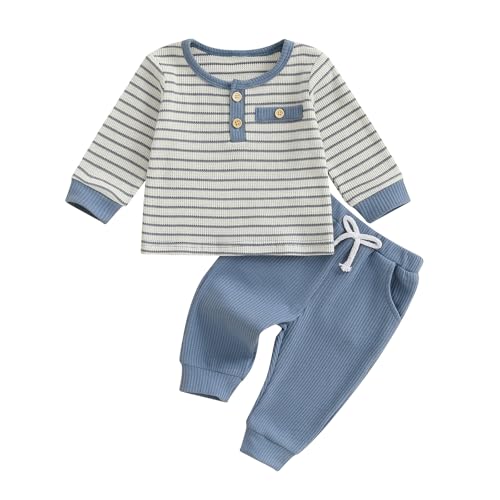 Image of MERSARIPHY Toddler Infant Baby Boy Fall Winter Clothes Waffle Stripes Long Sleeve Sweatshirt Pullover Tops Pants Outfit Set