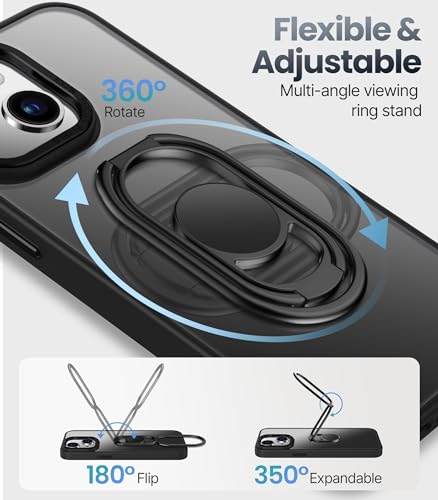 Image of Shields Up for iPhone 15 Case with Stand, Phone Case Clear with Double Ring Holder [Adjustable & Foldable] Shockproof Protective Matte Cover for iPhone 15 6.1 inch - Frosted Black
