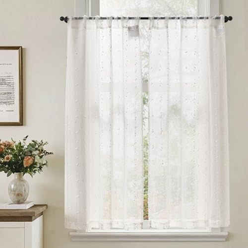 TOPICK Rideau Cuisine Voilage Brise Bise, Rideaux Court Lot de 2, avec Blanc Pois 65L x 115H(cm) Passe-Tringle, pour Placard Fenetre Salon sous Evier