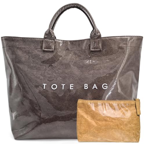 Image of PVC Tote Bag Gifts for Women Large Tote Purse Kraft Paper Letter Print Hobo Handbags for Work Beach Shopping Travel