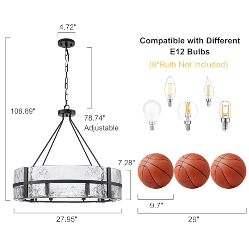 HUOKU 28" Black Glass Chandelier for Dining Room, 8-Light Modern Large Glass Drum Chandelier Dining Room Light Fixture Over Table, Hanging Pendant Light for High Ceiling Foyer Living Room by HUOKU - Image 3
