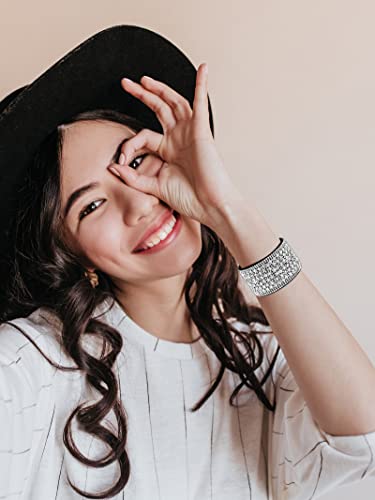 Long Tiantian Boho Bangle Leather Bracelet For Women Rhinestone Bangle Bracelet For Teen Girls Wide Edge Bracelet Leather Wrap Cuff Bracelet(White) #TOP1